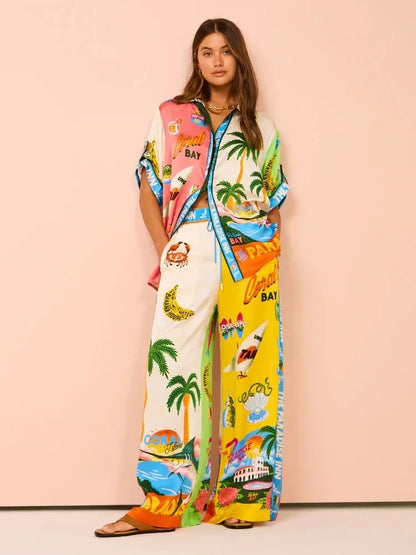 Casual Summer Beach Set - Women’s Printed Coconut Tree Top & Loose Pants Outfit 