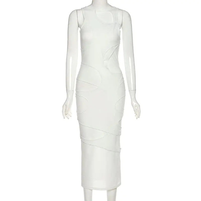 Elegant White Sleeveless Maxi Dress - O-Neck Mesh Design for Formal & Casual Wear