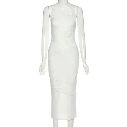 Elegant White Sleeveless Maxi Dress - O-Neck Mesh Design for Formal & Casual Wear