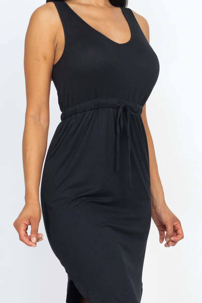 Sleek Summer Midi | Effortless Sleeveless Dress with Adjustable Drawstring Waist