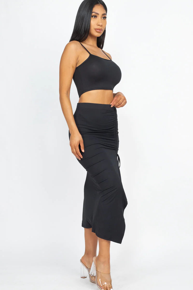 Square Neck Sleeveless Crop Top and Drawstring Split Side Bodycon Skirt Set