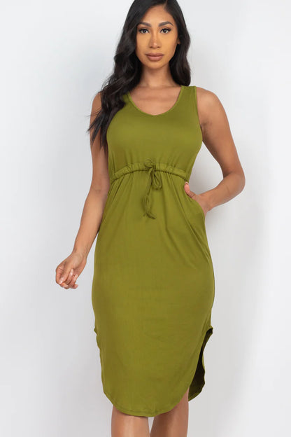 Sleek Summer Midi | Effortless Sleeveless Dress with Adjustable Drawstring Waist