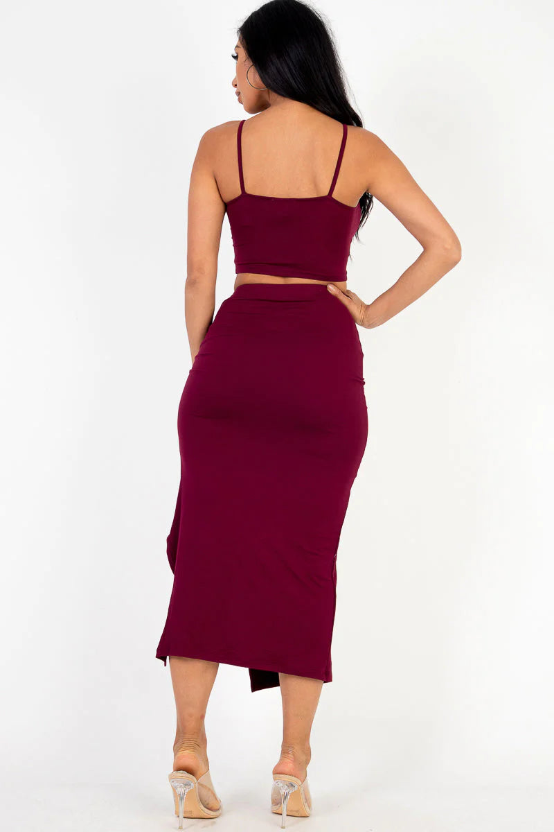 Square Neck Sleeveless Crop Top and Drawstring Split Side Bodycon Skirt Set