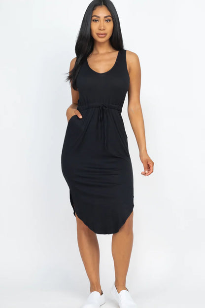 Sleek Summer Midi | Effortless Sleeveless Dress with Adjustable Drawstring Waist