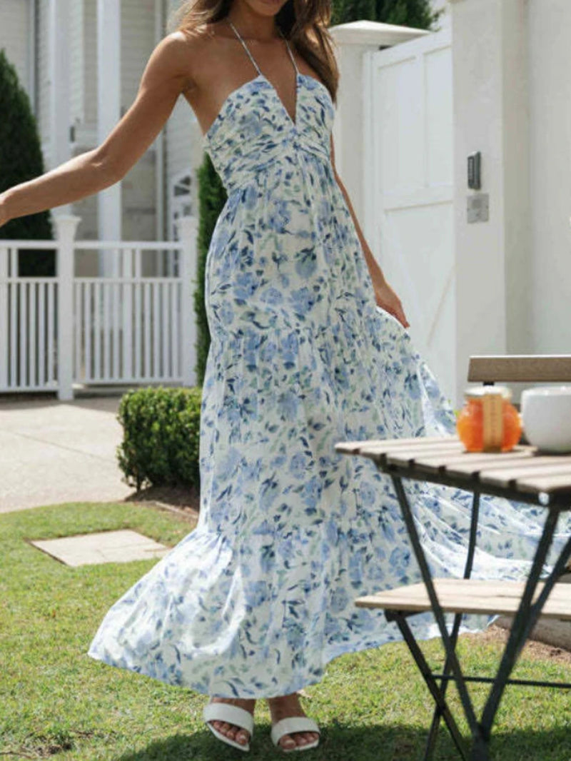 Boho Chic Floral Maxi Dress - Summer Chiffon with Halter V-Neck & Flowy Tiered Skirt