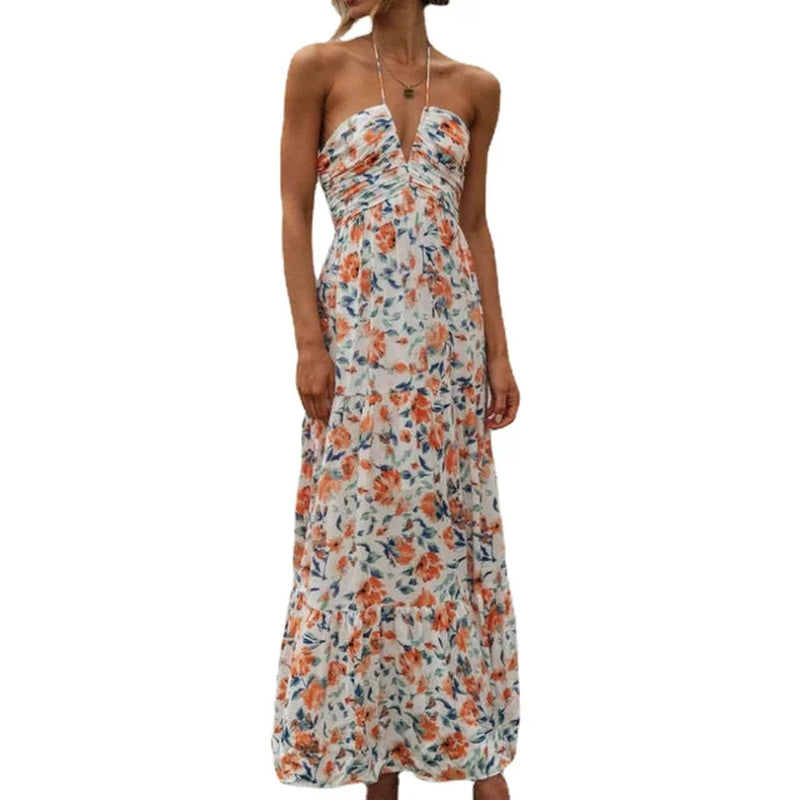 Boho Chic Floral Maxi Dress - Summer Chiffon with Halter V-Neck & Flowy Tiered Skirt