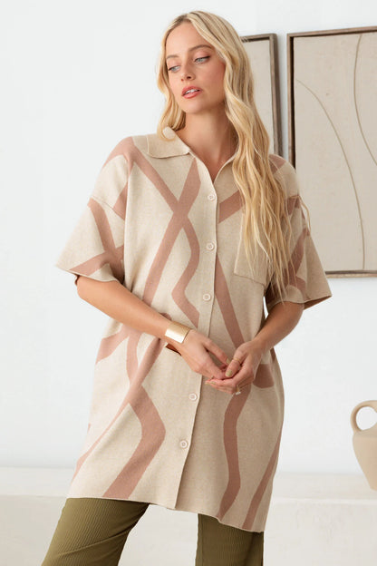 Bohemian Abstract Print Sweater Dress - Collared & Button-Down Style