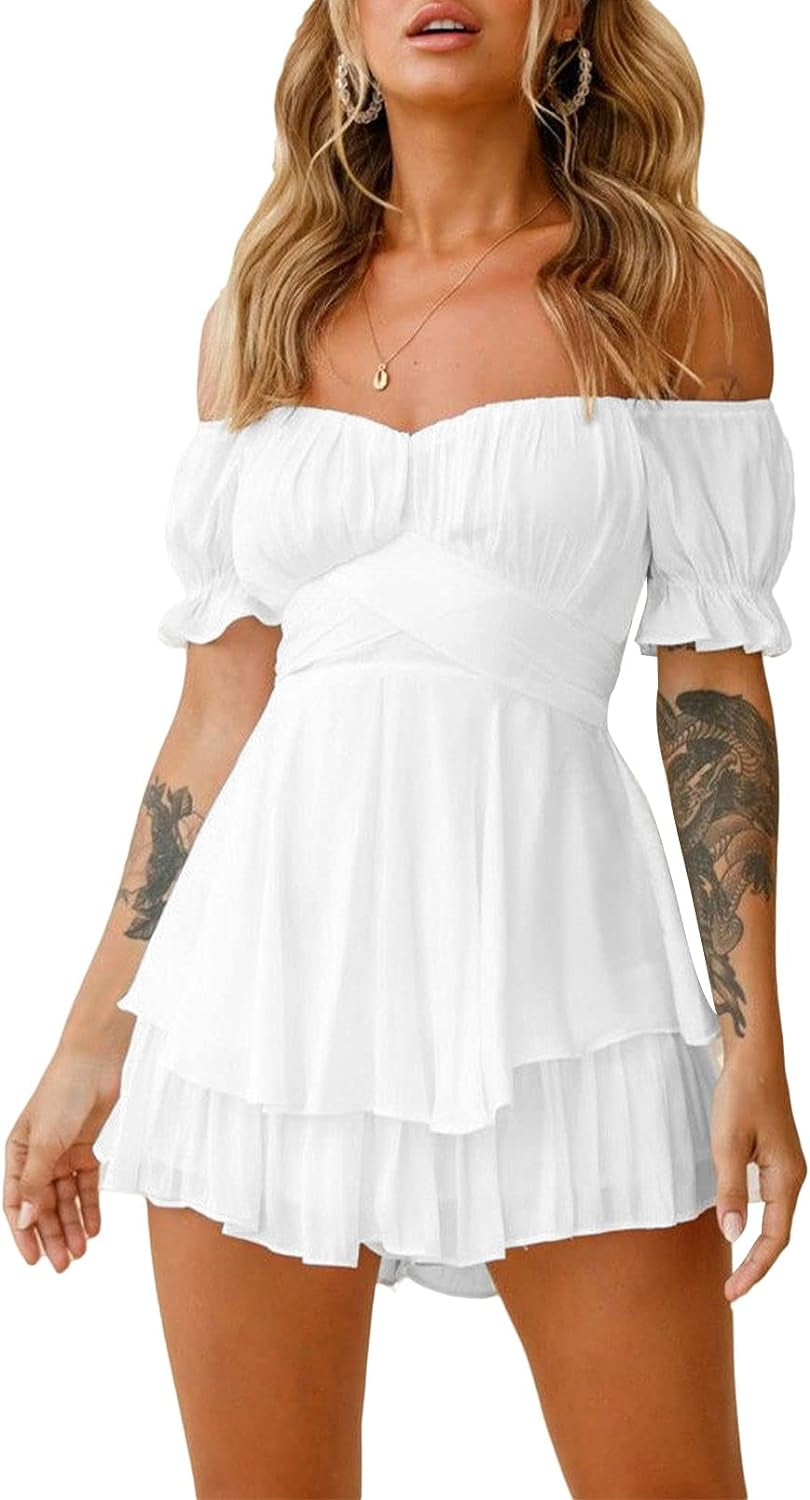 Women Boho Romper off Shoulder Ruffle Chiffon Shorts Jumpsuit Playsuit