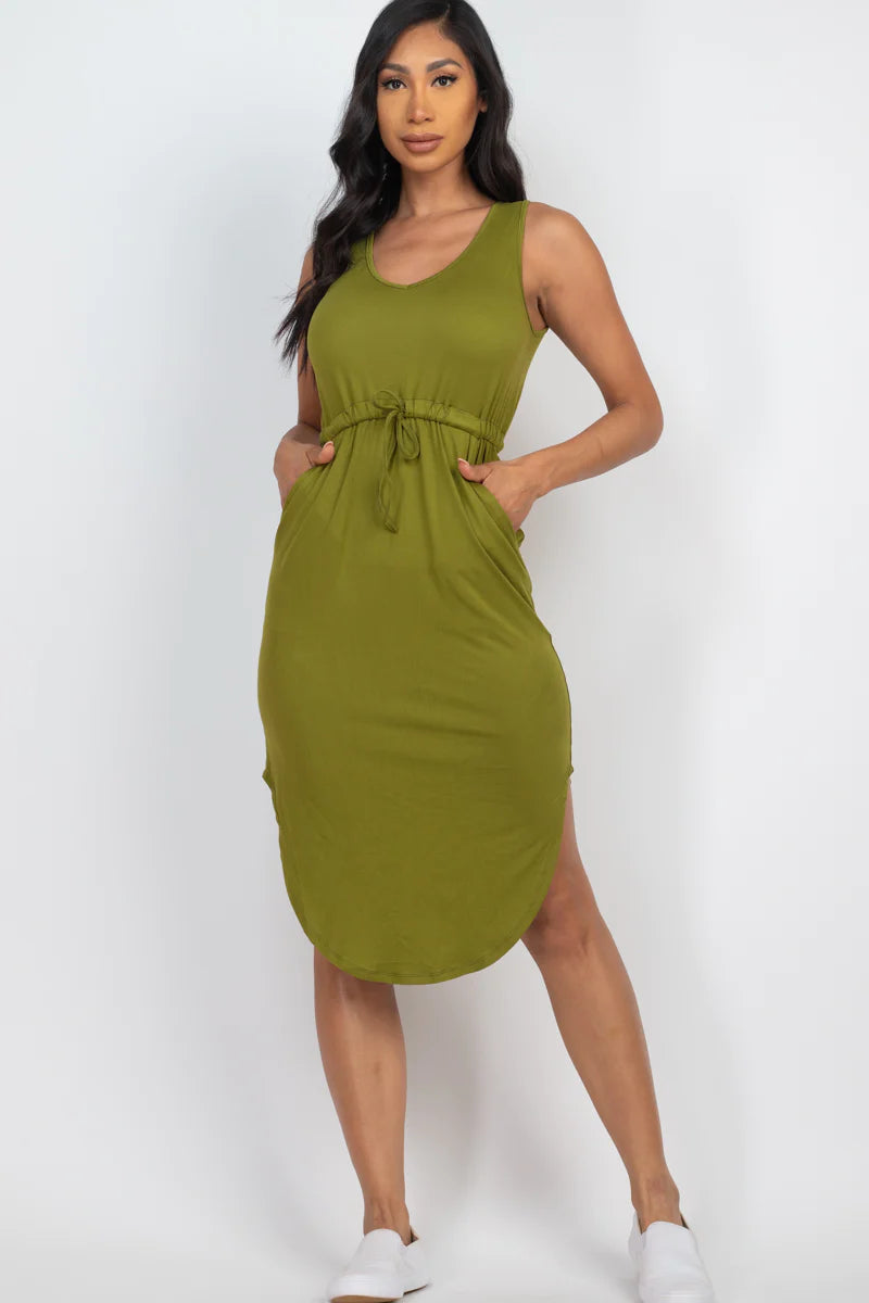 Sleek Summer Midi | Effortless Sleeveless Dress with Adjustable Drawstring Waist