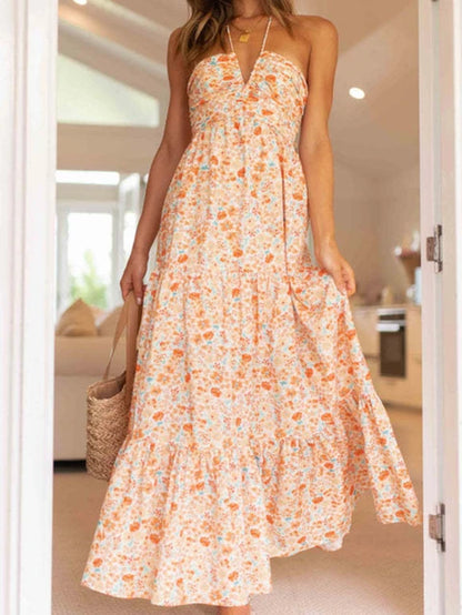 Boho Chic Floral Maxi Dress - Summer Chiffon with Halter V-Neck & Flowy Tiered Skirt