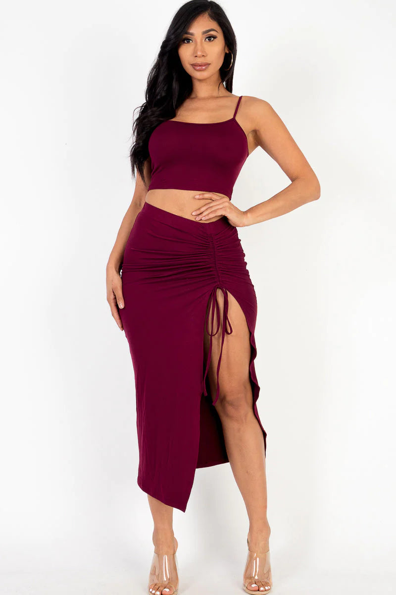 Square Neck Sleeveless Crop Top and Drawstring Split Side Bodycon Skirt Set