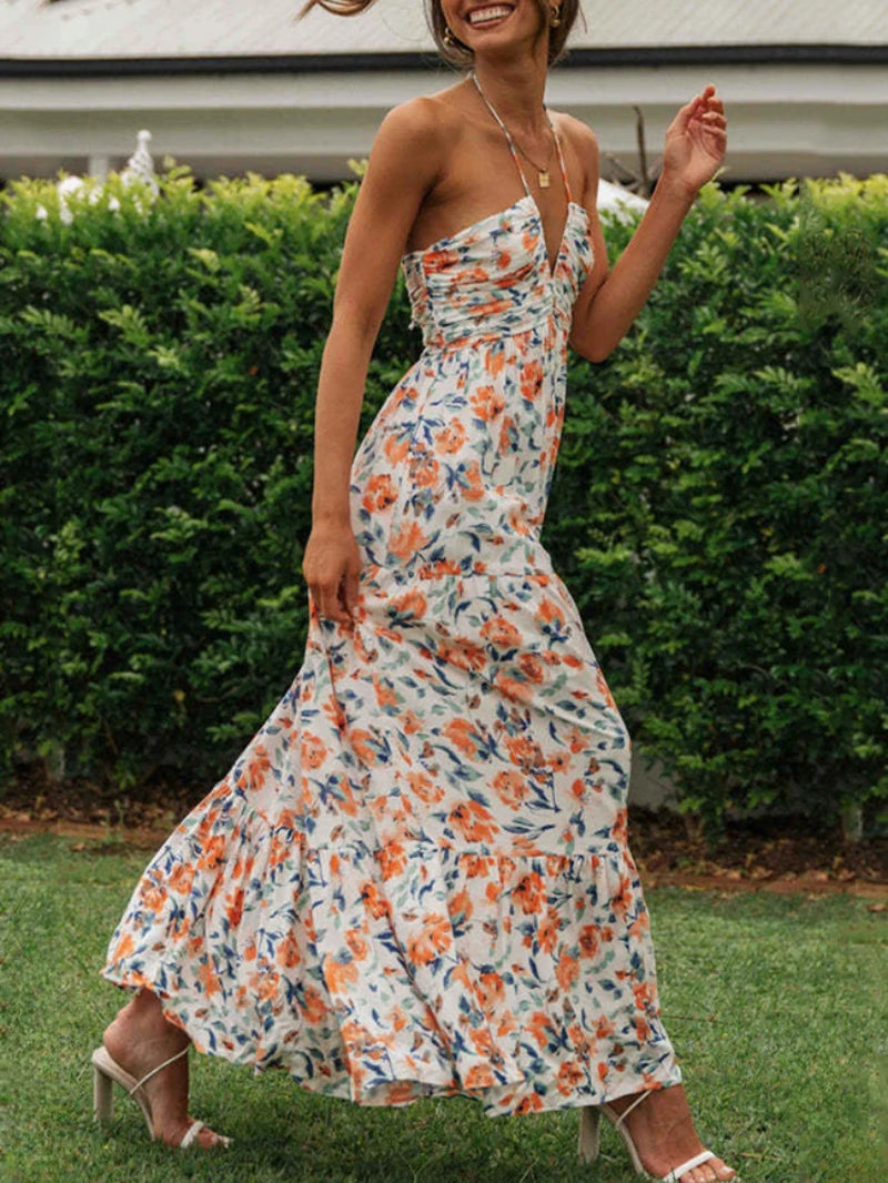 Boho Chic Floral Maxi Dress - Summer Chiffon with Halter V-Neck & Flowy Tiered Skirt