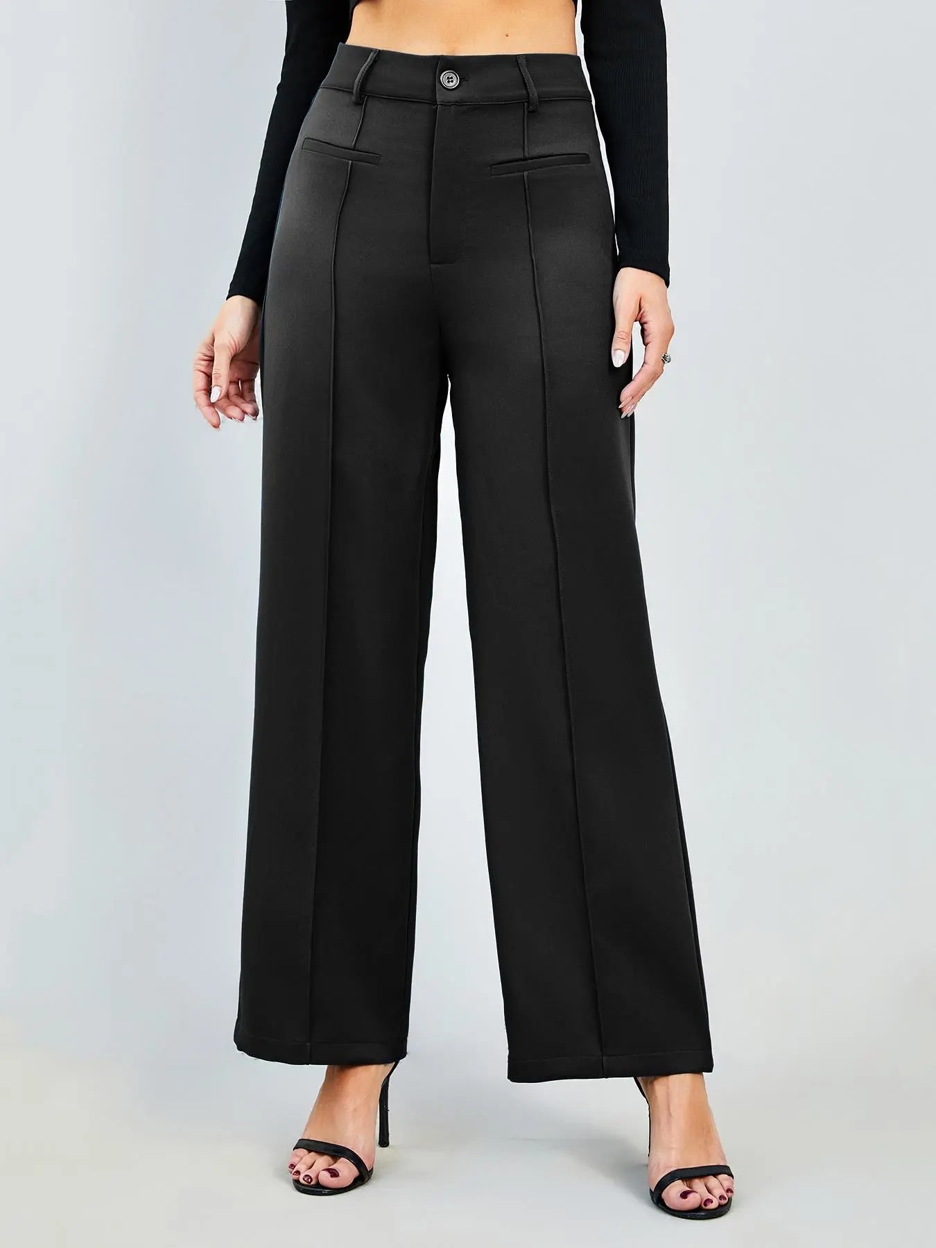 Chic High-Waist Straight-Leg Pants with Pockets - Versatile Wide-Leg Trousers for Women, Perfect for Spring & Autumn Daily Fashion